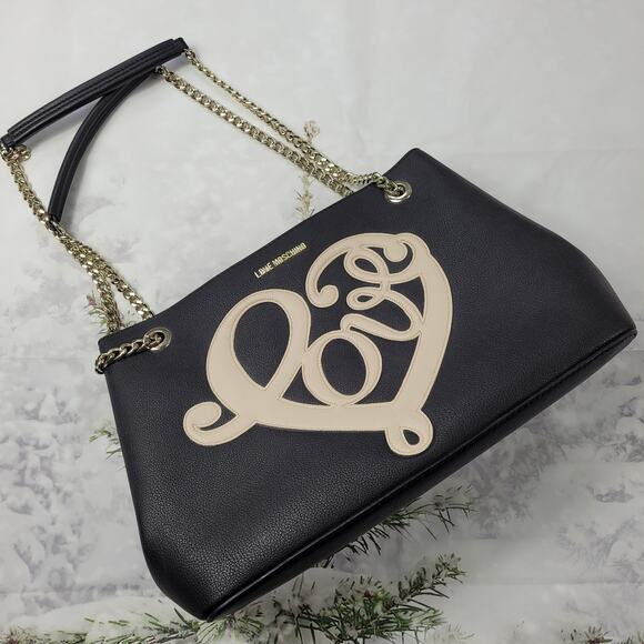 Love Moschino Black Heart Love Script Tote with Chain - Picture 1 of 16
